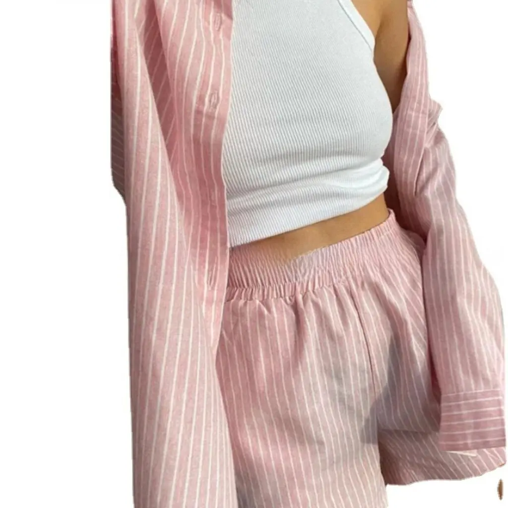 Women's Casual Sportswear Two-Piece Set Striped Long Sleeve Shirt Top And High Waist Shorts Loose Fit Striped Outfit
Women's Casual Sportswear Two-Piece Set Striped Long Sleeve Shirt Top And High Waist Shorts Loose Fit Striped Outfit