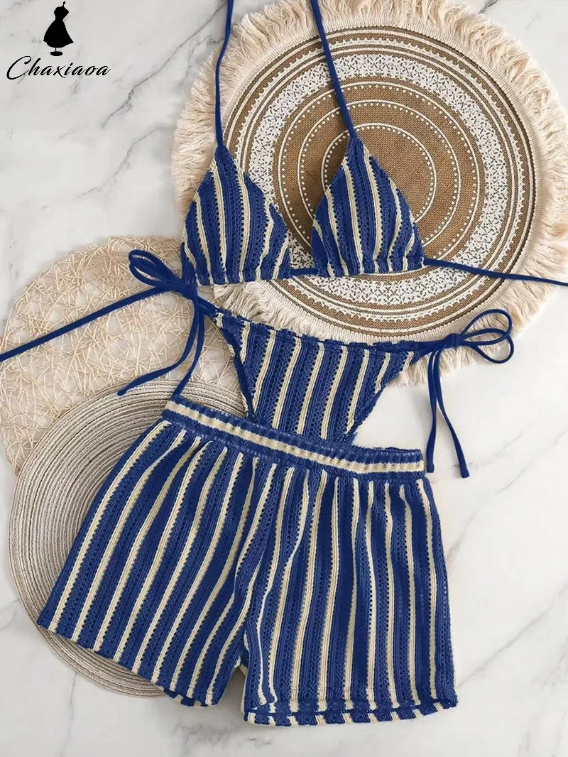 Women 3 Piece Striped Neck Lace-up Bikini Set Triangle Halter Top With Tie Side Bottom And Knit Shorts Cover Up,Women's Swimsuit
Women 3 Piece Striped Neck Lace-up Bikini Set Triangle Halter Top With Tie Side Bottom And Knit Shorts Cover Up,Women's Swimsuit