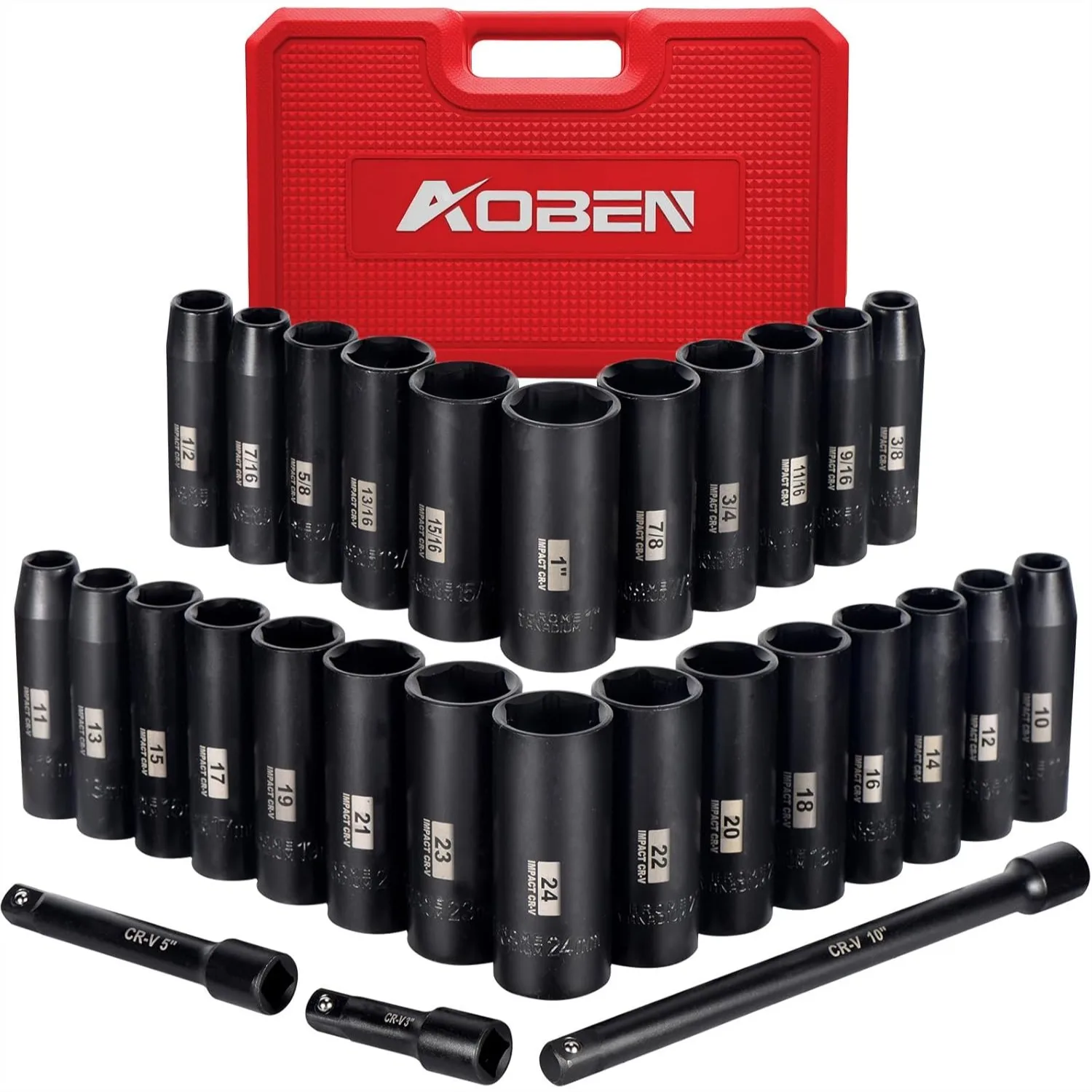 1/2-Inch Drive Impact Socket Set 29-Piece with 3 Extension Bars SAE/Metric Deep Sockets
1/2-Inch Drive Impact Socket Set 29-Piece with 3 Extension Bars SAE/Metric Deep Sockets