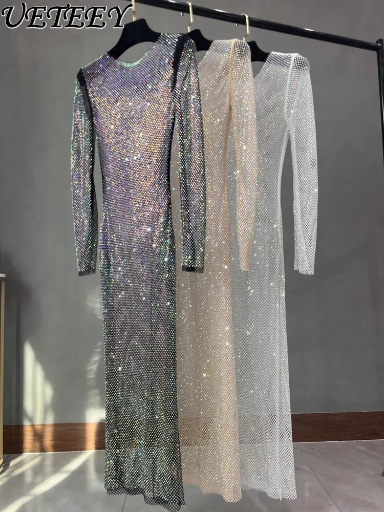 Sexy Extended Round Neck Rhinestone Dress Club Shiny Split Hollow Long Sleeve Colorful Crystals Maxi Dresses for Women
Sexy Extended Round Neck Rhinestone Dress Club Shiny Split Hollow Long Sleeve Colorful Crystals Maxi Dresses for Women