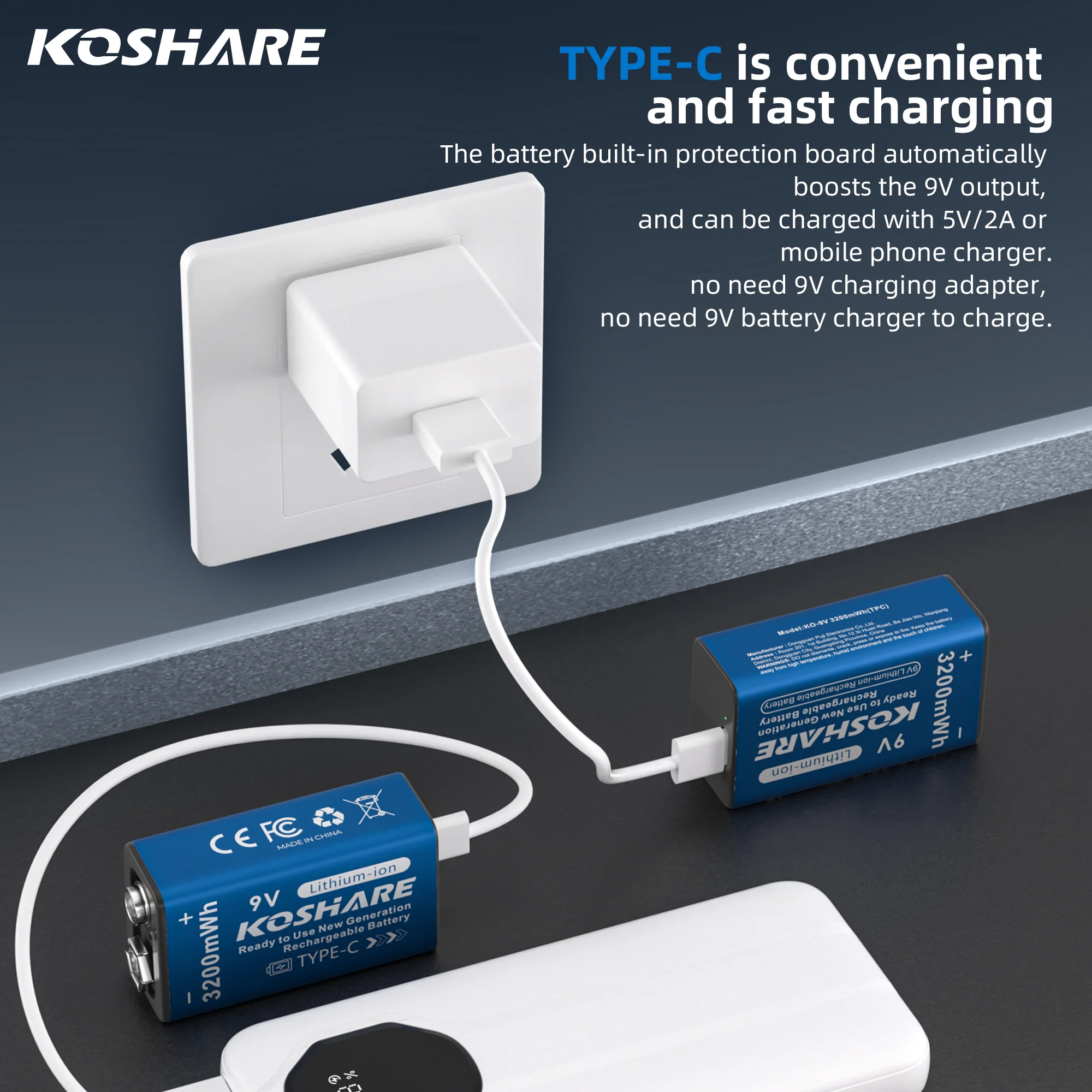 KOSHARE 9V Lithium-ion Rechargeable Battery 3200mWh Type-C Smart USB Charging Battery Pack for Electronics
KOSHARE 9V Lithium-ion Rechargeable Battery 3200mWh Type-C Smart USB Charging Battery Pack for Electronics