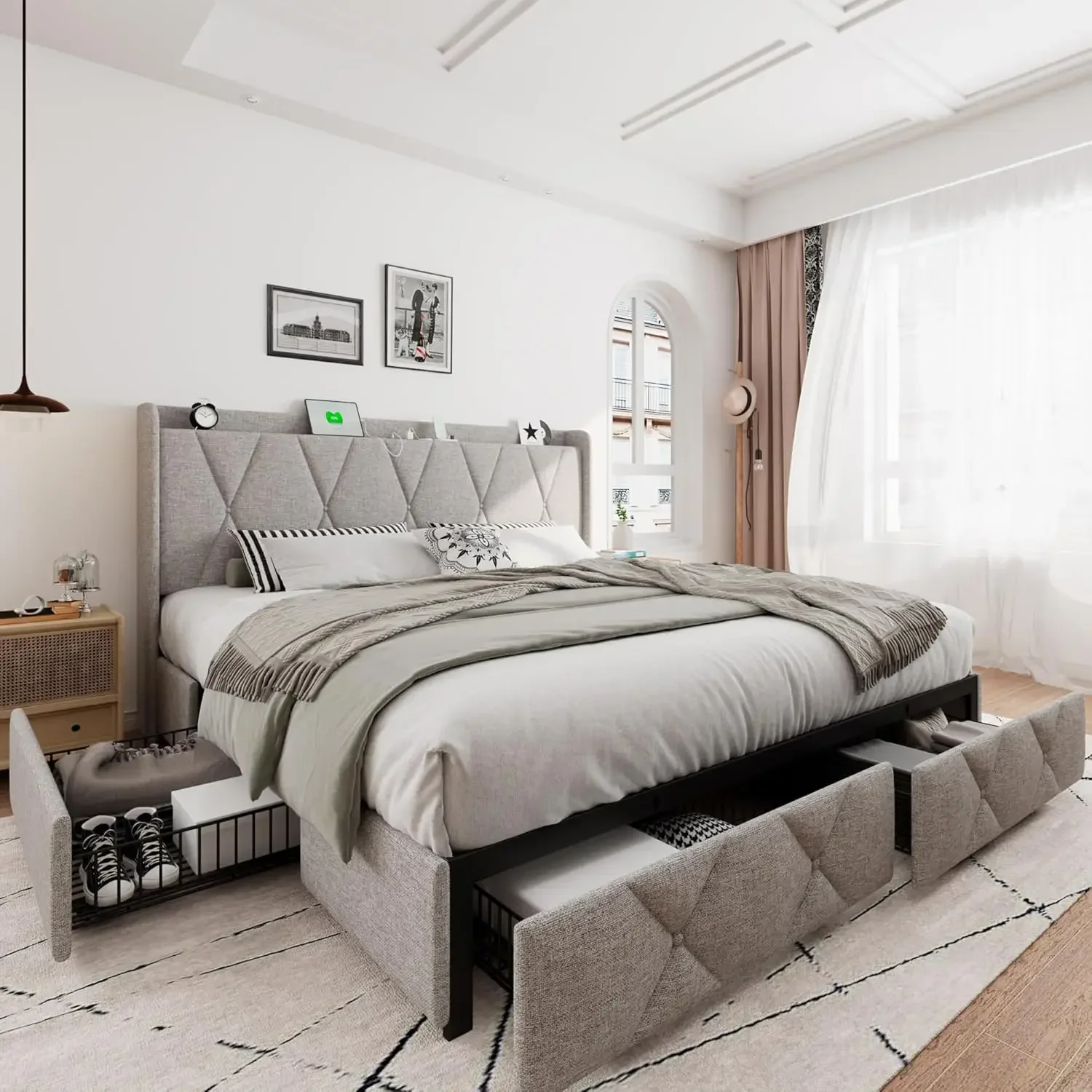 Upholstered Platform Bed Frame with Charging Station, Modern Wingback Storage Headboard
Upholstered Platform Bed Frame with Charging Station, Modern Wingback Storage Headboard