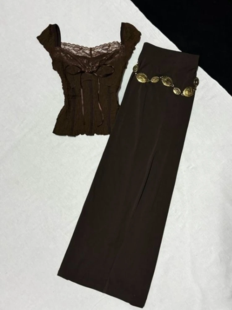 Vintage Elegant Sexy Woman Evening Party Slim Fit Lace T-shirt Tops High Waist Midi Skirt Two-piece Set Waist Chain Spring New
Vintage Elegant Sexy Woman Evening Party Slim Fit Lace T-shirt Tops High Waist Midi Skirt Two-piece Set Waist Chain Spring New