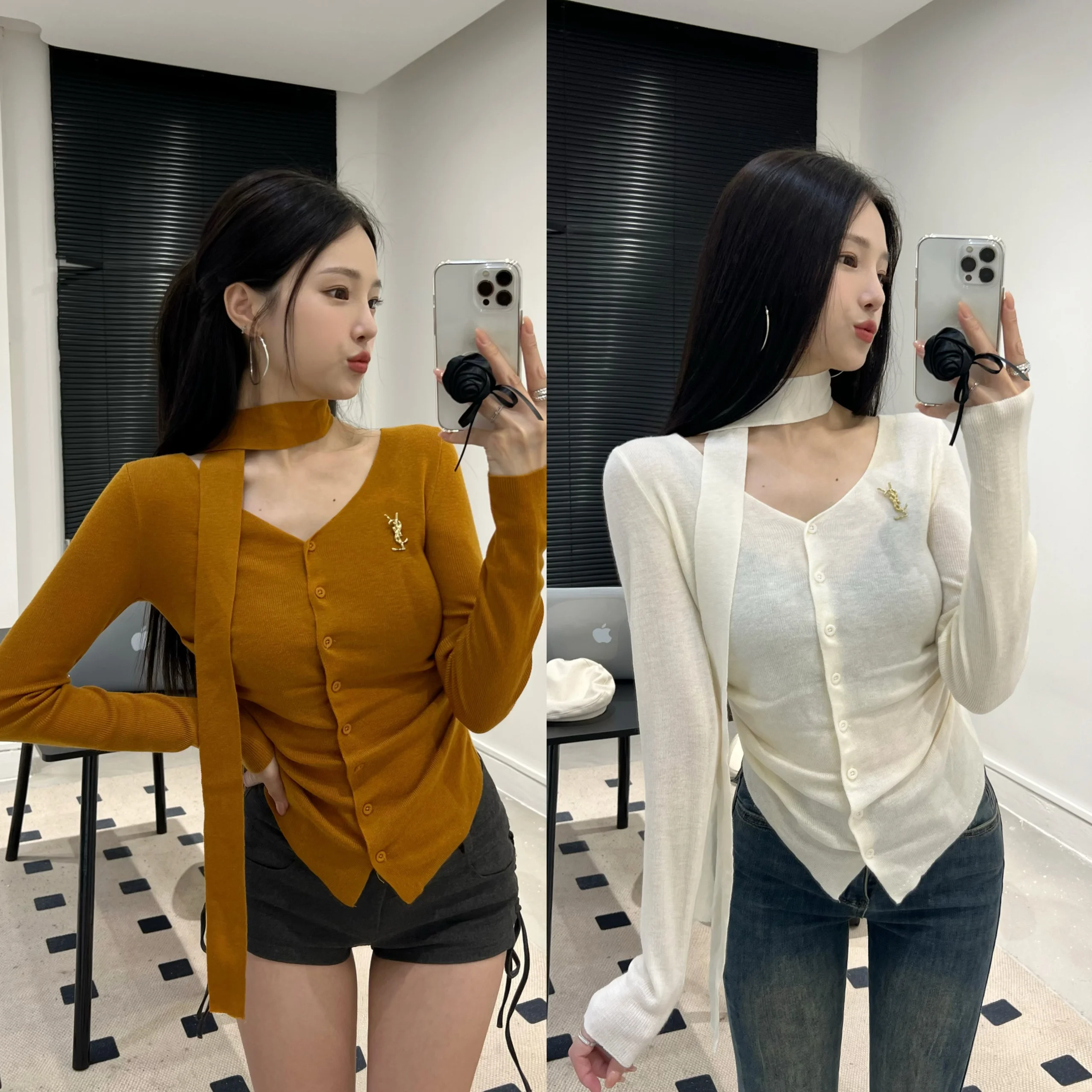 Retro Commuter V-Ne Single-Button Slim Fit Knitwear Early Autumn Ribbon Loose Sle Faionable Thin Small irt
Retro Commuter V-Ne Single-Button Slim Fit Knitwear Early Autumn Ribbon Loose Sle Faionable Thin Small irt