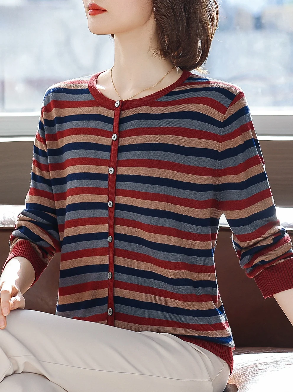 Spring Autumn Striped Open Cardigan Women's Button Knitted irt Mom Sle Anti Aging Slimming Faionable Base irt for Mid...
Spring Autumn Striped Open Cardigan Women's Button Knitted irt Mom Sle Anti Aging Slimming Faionable Base irt for Mid...