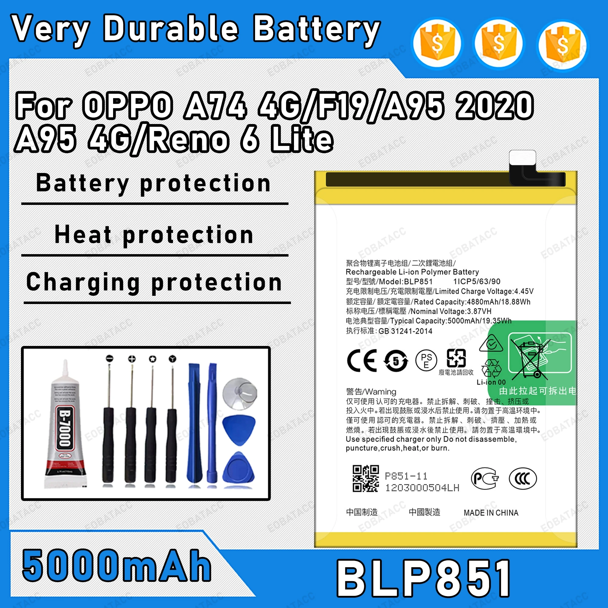 5000mAh 100% New BLP851 Battery For OPPO A74 4G/F19/A95 2020 Replacement Bateria+Free Tools
5000mAh 100% New BLP851 Battery For OPPO A74 4G/F19/A95 2020 Replacement Bateria+Free Tools