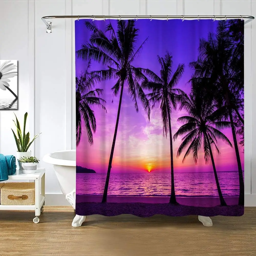 Stylish Tropical Sunset Shower Curtain, Purple Pink Beach with Palm Trees Print Washable Waterproof Fabric Partition Curtain
Stylish Tropical Sunset Shower Curtain, Purple Pink Beach with Palm Trees Print Washable Waterproof Fabric Partition Curtain