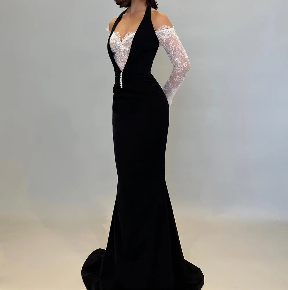 Customized Temperament Lace Off The Shoulder Jersey Evening Dresses Formal Straight Floor Length Halter Long Sleeves Prom Dress
Customized Temperament Lace Off The Shoulder Jersey Evening Dresses Formal Straight Floor Length Halter Long Sleeves Prom Dress