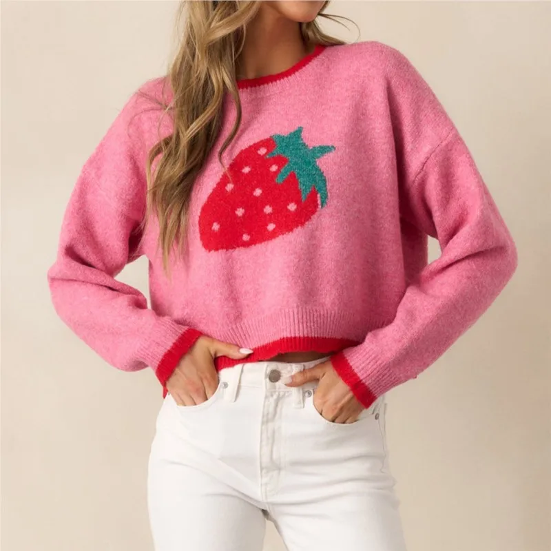 Strawberry Jacquard Autumn And Winter New Women's Pullover Sweater Casual Short Style Long Sleeved Knitted Sweater Top Truien
Strawberry Jacquard Autumn And Winter New Women's Pullover Sweater Casual Short Style Long Sleeved Knitted Sweater Top Truien