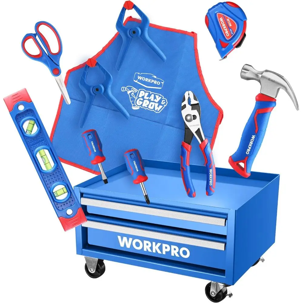 WORKPRO Kids Real Tool Set with 12 Inch Steel Tool Chest with Wheels, 10PCS Boys First Tool Set with 2 Drawers Blue Metal Rollin
WORKPRO Kids Real Tool Set with 12 Inch Steel Tool Chest with Wheels, 10PCS Boys First Tool Set with 2 Drawers Blue Metal Rollin
