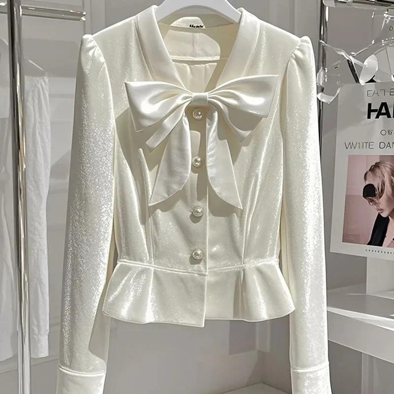 Women Shirt Short White Golden Velvet Shirt Blouse New 2025 Fashion Spring Autumn Single Breasted Casual Bow Shirt Top Female
Women Shirt Short White Golden Velvet Shirt Blouse New 2025 Fashion Spring Autumn Single Breasted Casual Bow Shirt Top Female