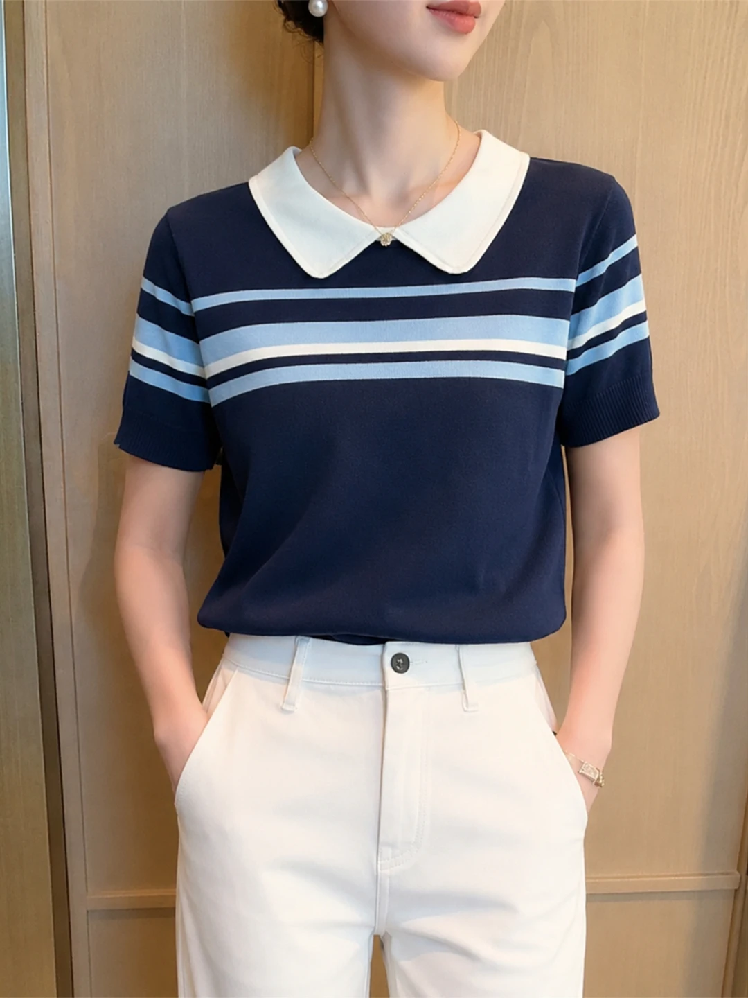 Ice Silk Stripe Design Knitted Shirt Short Sleeve Contrast Color College Style Women's Summer Fashion Casual Top
Ice Silk Stripe Design Knitted Shirt Short Sleeve Contrast Color College Style Women's Summer Fashion Casual Top