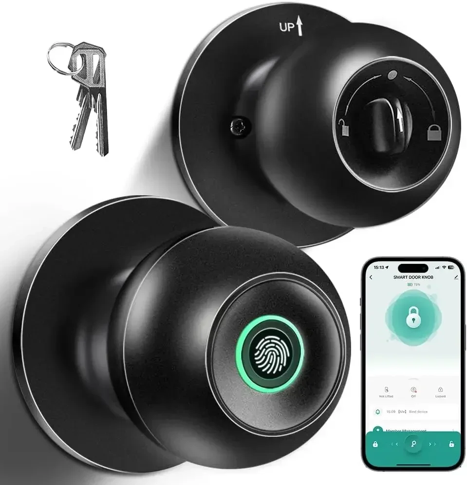 Fingerprint Door Lock, Smart Fingerprint Door Knob with Lock, Biometric Door knob with App Control & Key, Keyless Thumbprint
Fingerprint Door Lock, Smart Fingerprint Door Knob with Lock, Biometric Door knob with App Control & Key, Keyless Thumbprint