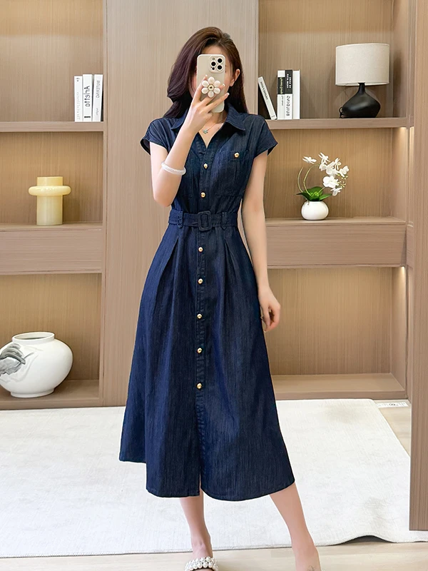 Commute Style Turn-down Collar Short Sleeve Slimming A-line Midi Dress Summer New Korean Simple Pleated Denim Skirt Dress
Commute Style Turn-down Collar Short Sleeve Slimming A-line Midi Dress Summer New Korean Simple Pleated Denim Skirt Dress