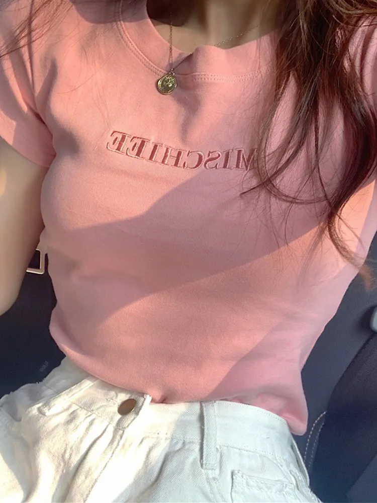 Women Short Sleeve Top Pure Ladies T-shirt Brand Letter Summer Embroidered Clothing Slim Cotton Pure Color Fashion Round Neck
Women Short Sleeve Top Pure Ladies T-shirt Brand Letter Summer Embroidered Clothing Slim Cotton Pure Color Fashion Round Neck
