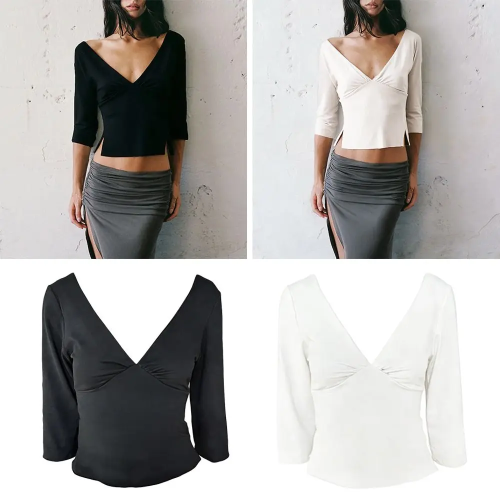 Fashion Elastic Deep V-neck T-shirt Solid Color Half Sleeve Side Slit Top Backless Side Split Half Sleeve T-shirt Spring Season
Fashion Elastic Deep V-neck T-shirt Solid Color Half Sleeve Side Slit Top Backless Side Split Half Sleeve T-shirt Spring Season