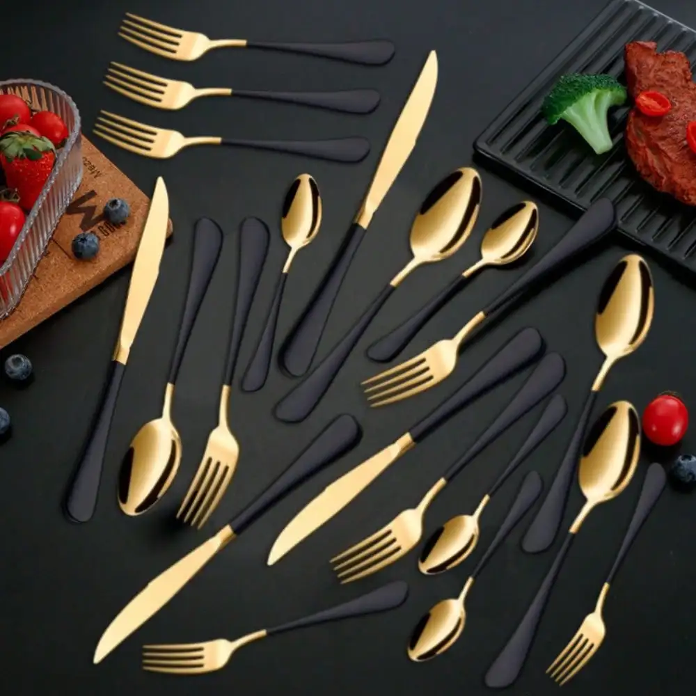 20 Piece Elegant Stainless Steel Flatware Set Mirror Polished Unique Black Gold Cutlery Utensils Sets, Dinner Knives, Forks, Spoons for Home Kitchen Restaurant
20 Piece Elegant Stainless Steel Flatware Set Mirror Polished Unique Black Gold Cutlery Utensils Sets, Dinner Knives, Forks, Spoons for Home Kitchen Restaurant