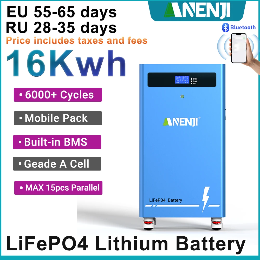 ANENJI 51.2V 314Ah 16Kwh LiFePO4 Battery 6000 Cycles With Wheels Bluetooth BMS 200Ah Supports 15 Units Parallel Solar System
ANENJI 51.2V 314Ah 16Kwh LiFePO4 Battery 6000 Cycles With Wheels Bluetooth BMS 200Ah Supports 15 Units Parallel Solar System
