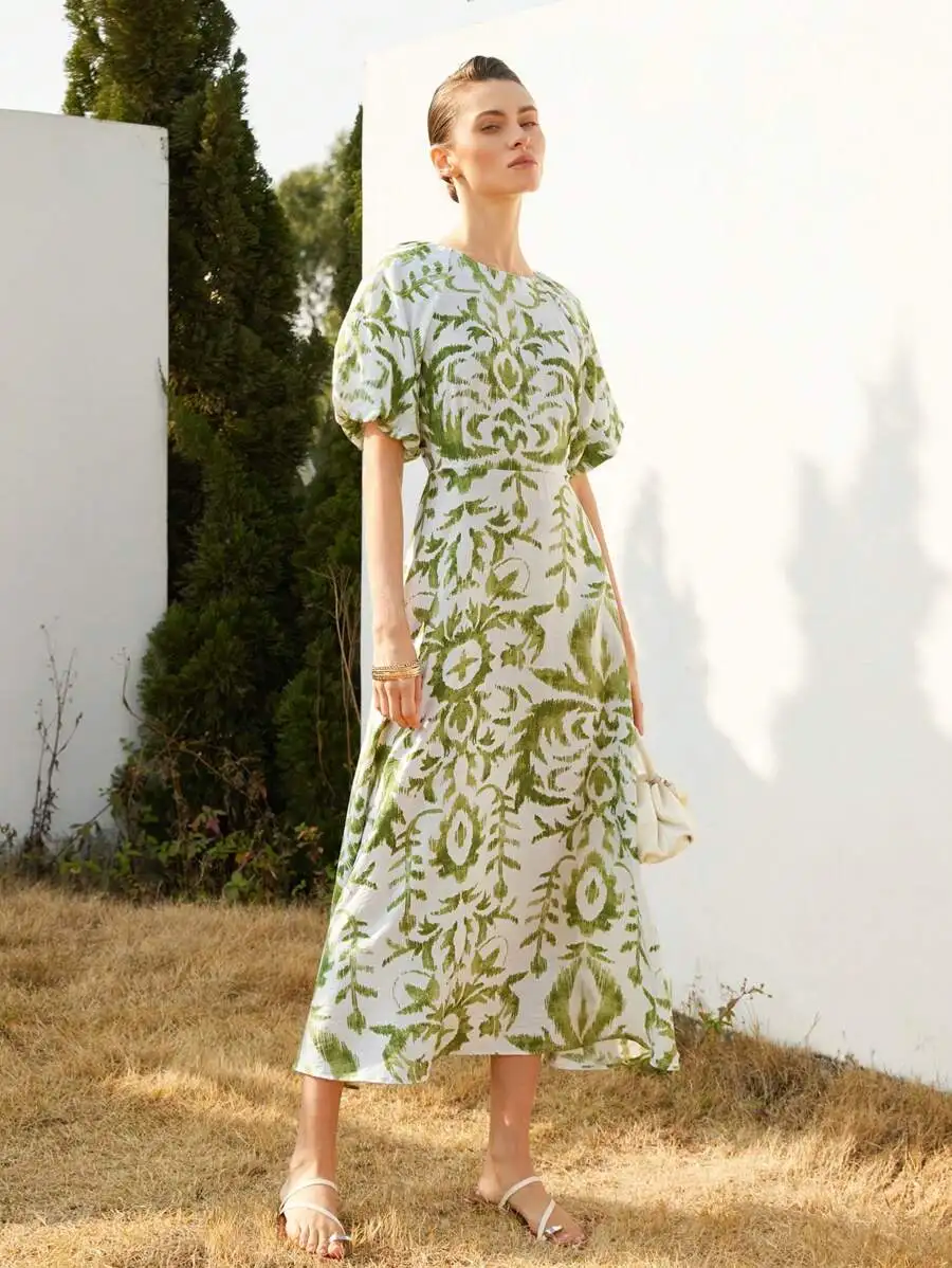 Elegant Vacation Style Round Neck White Green Floral Print Flared Long Dress With Waist Design For Women
Elegant Vacation Style Round Neck White Green Floral Print Flared Long Dress With Waist Design For Women