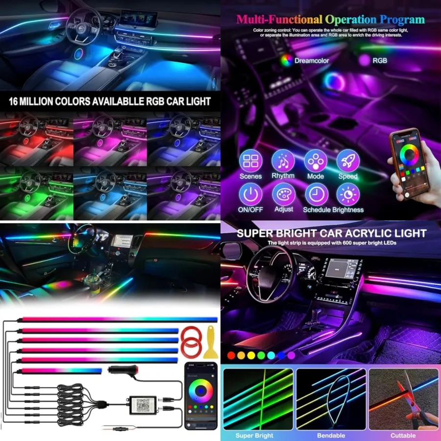 Acrylic Interior Car LED Lights with Wireless APP 6 in 1, Ambient Lighting Kits Fiber Optic Strip LEDs, 16 Million Colors Music
Acrylic Interior Car LED Lights with Wireless APP 6 in 1, Ambient Lighting Kits Fiber Optic Strip LEDs, 16 Million Colors Music
