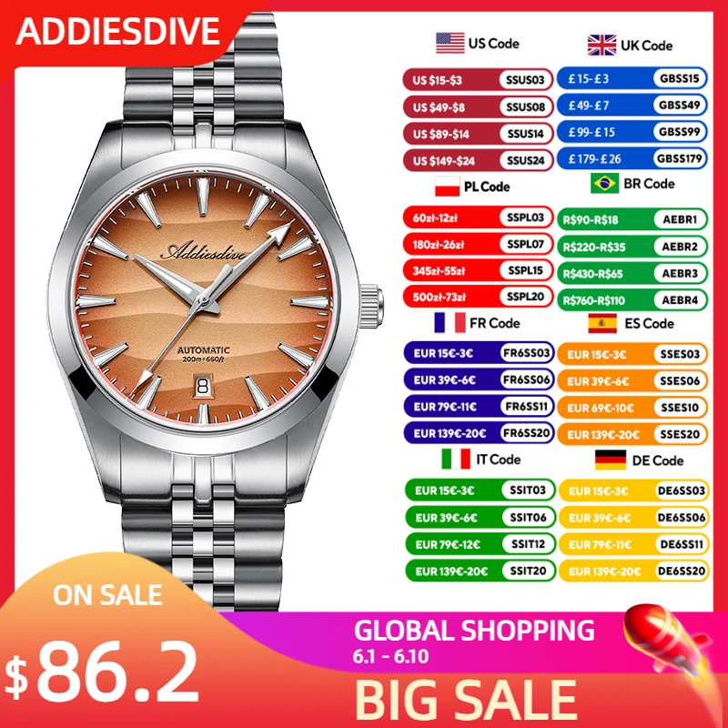 ADDIESDIVE New 39mm Men Watch Luxury Sapphire Gradient Automatic Watch Sand Dial 200m Waterproof 8215 Mechanical Watch Luminous
ADDIESDIVE New 39mm Men Watch Luxury Sapphire Gradient Automatic Watch Sand Dial 200m Waterproof 8215 Mechanical Watch Luminous