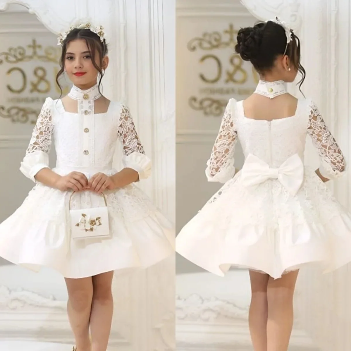 Customized Elegant Flower Girl Dresses For Wedding High Collar Lace With Bow Puffy Kids Formal Events First Communion Ball Gown
Customized Elegant Flower Girl Dresses For Wedding High Collar Lace With Bow Puffy Kids Formal Events First Communion Ball Gown