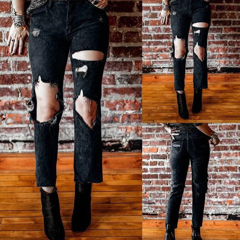 Spring/summer women's loose straight leg large hole ruffled fringe casual black cropped jeans denim pants
Spring/summer women's loose straight leg large hole ruffled fringe casual black cropped jeans denim pants