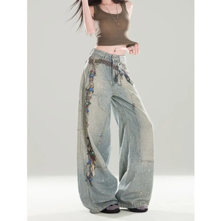 Retro high-waisted printed wide-leg denim pants for women, loose and straight fit, slimming and draping effect, floor-length
Retro high-waisted printed wide-leg denim pants for women, loose and straight fit, slimming and draping effect, floor-length