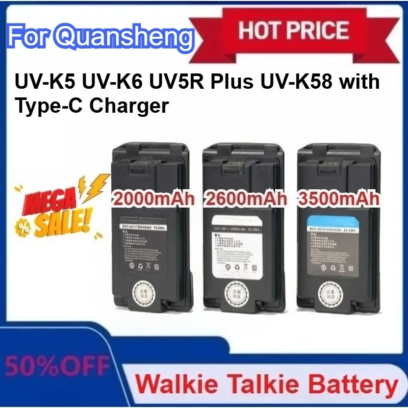 New 7.4V 2000/2600/3500mAh for Quansheng UV-K5 UV-K6 Walkie Talkie Thicker Battery with Type-C Charger UV5R Plus UV-K58 Battery
New 7.4V 2000/2600/3500mAh for Quansheng UV-K5 UV-K6 Walkie Talkie Thicker Battery with Type-C Charger UV5R Plus UV-K58 Battery