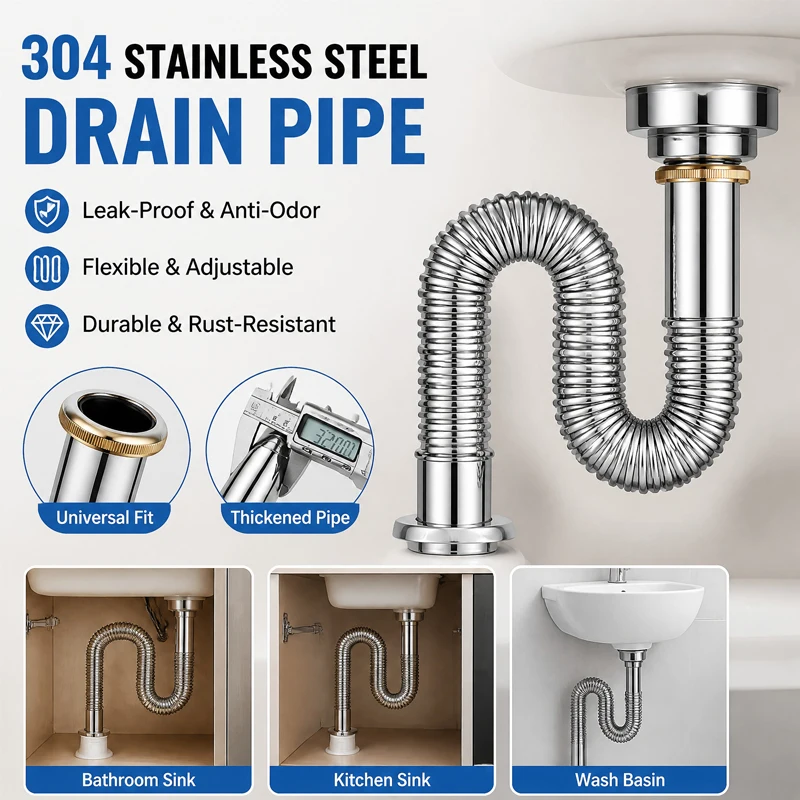 Flexible 304 Stainless Steel Drain Pipe – Anti-Odor Anti-Clog Universal Sink Hose for Kitchen Counter & Bathroom Basin
Flexible 304 Stainless Steel Drain Pipe – Anti-Odor Anti-Clog Universal Sink Hose for Kitchen Counter & Bathroom Basin