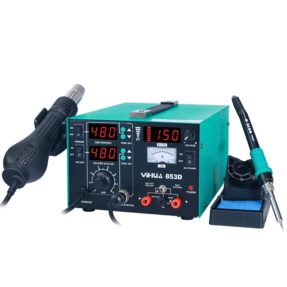 Professional 853D 1A Soldering Station Auto/Sleep Mode Hot Air Gun Iron DC 15V 1A Supply
Professional 853D 1A Soldering Station Auto/Sleep Mode Hot Air Gun Iron DC 15V 1A Supply