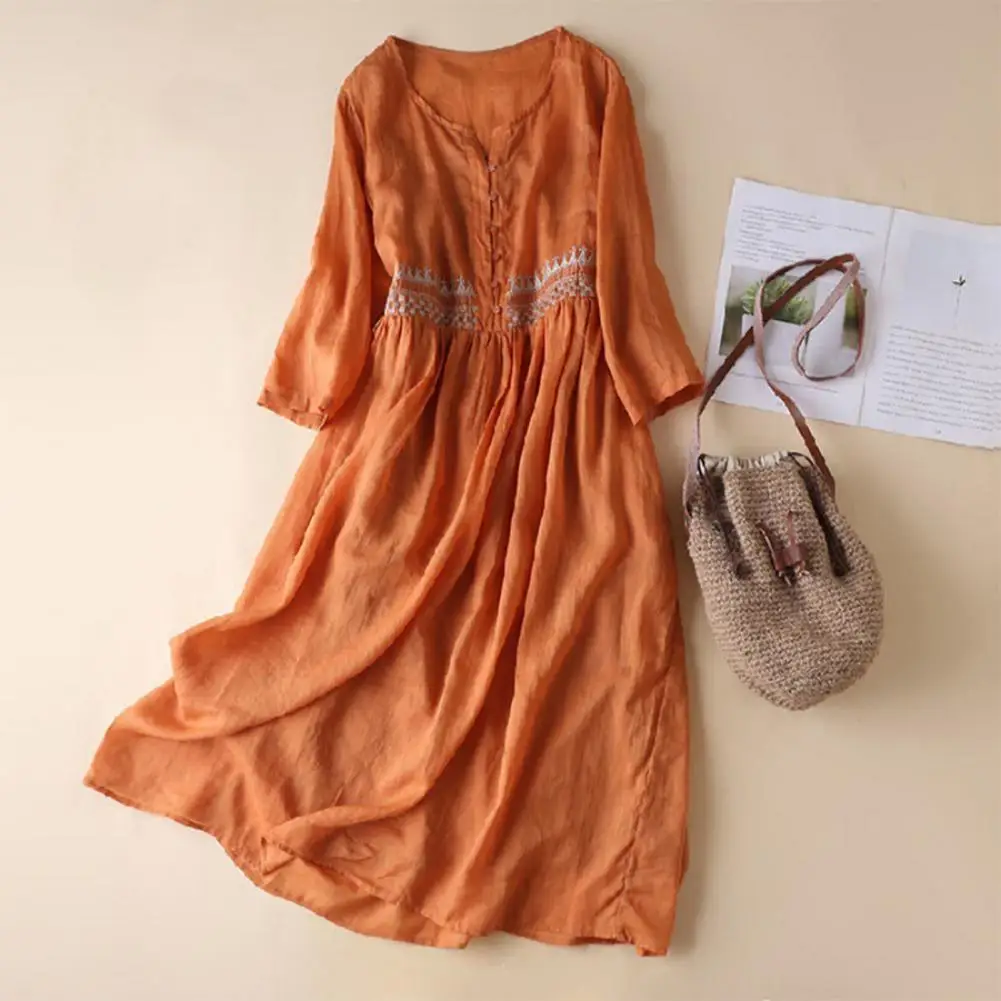 Women Midi Dress Loose Cut Dress Bohemian Embroidered Midi Dress with O-neck Long Sleeves Vintage Ethnic Style A-line for Summer
Women Midi Dress Loose Cut Dress Bohemian Embroidered Midi Dress with O-neck Long Sleeves Vintage Ethnic Style A-line for Summer