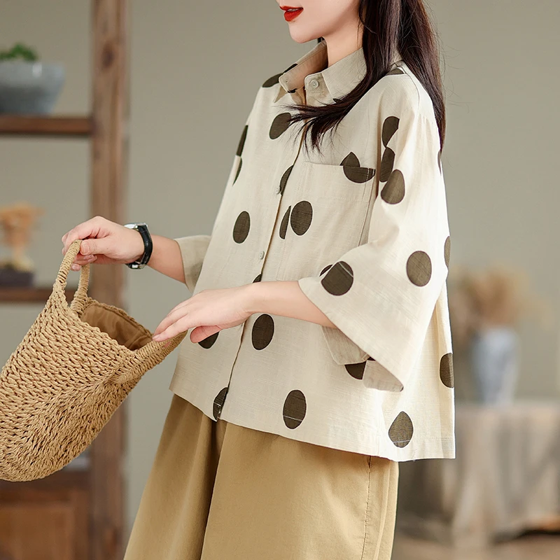 Retro Polka Dot Cotton Linen Women's Shirt Loose Three Quarter Sleeve Literary Casual Shirt Open Cardigan Short Style Thin Type
Retro Polka Dot Cotton Linen Women's Shirt Loose Three Quarter Sleeve Literary Casual Shirt Open Cardigan Short Style Thin Type