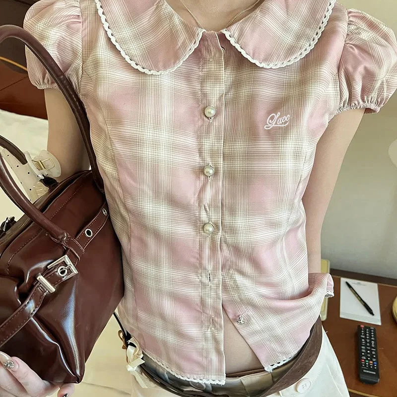 Women's Sweet Cute Pink Plaid Puff Sleeve Blouse-Slimming Lace Trim Peter Pan Collar Short Crop Top for Y2K Kawaii Daily Casual
Women's Sweet Cute Pink Plaid Puff Sleeve Blouse-Slimming Lace Trim Peter Pan Collar Short Crop Top for Y2K Kawaii Daily Casual