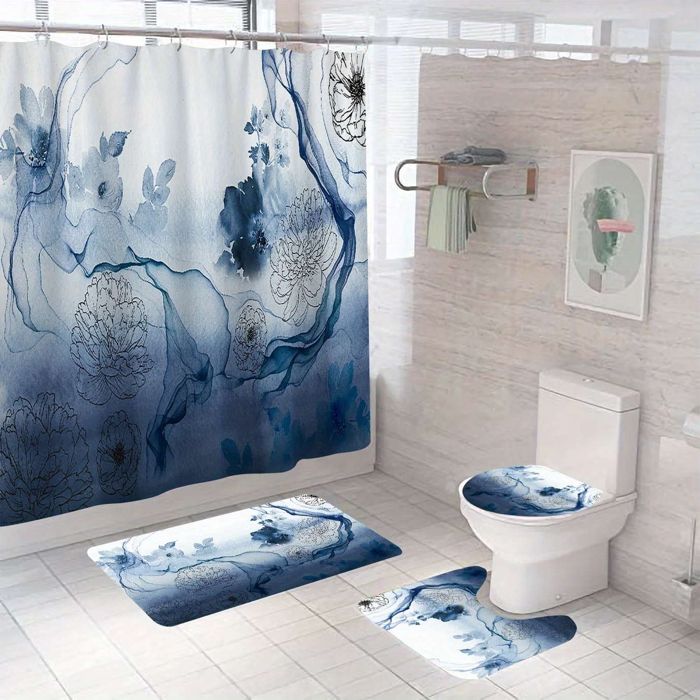 4pc Blue and black peony pattern bathroom set, shower curtain, U-shaped mat, non-slip mat, toilet seat cover
4pc Blue and black peony pattern bathroom set, shower curtain, U-shaped mat, non-slip mat, toilet seat cover