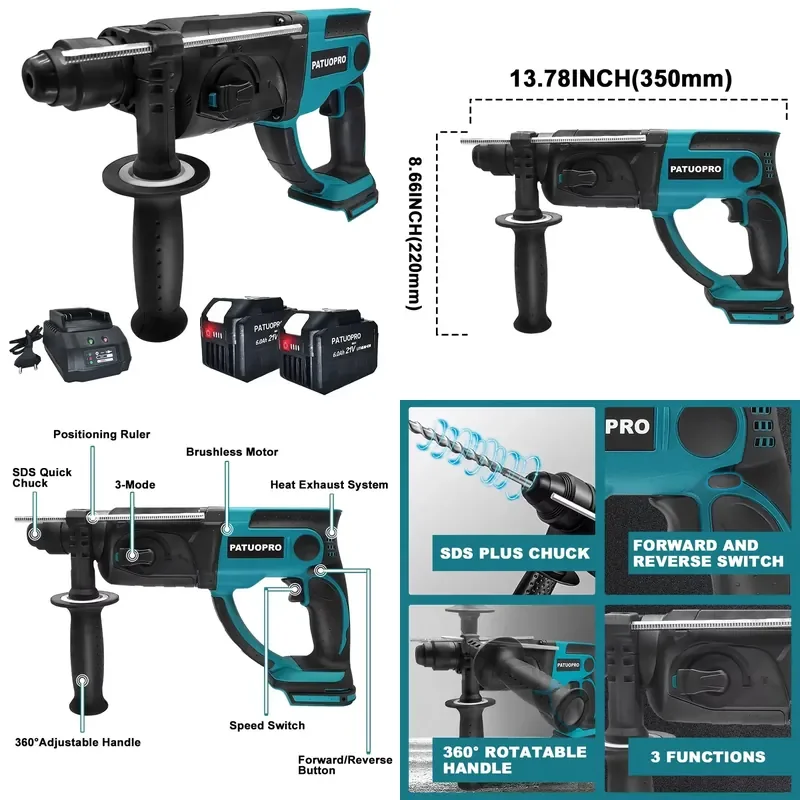 PATUOPRO 28mm Brushless Rotary Hammer Drill 3-Mode Variable Speed Chiseling Power Tool for 18V Battery
PATUOPRO 28mm Brushless Rotary Hammer Drill 3-Mode Variable Speed Chiseling Power Tool for 18V Battery