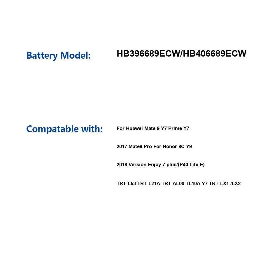 Аккумулятор для Huawei Y7 Prime 2017 Mate 9 Pro Honor 8C Y9 2018 Enjoy 7 Plus P40 Lite E Trt-L53 TRTL21A HB396689ECW HB406689ECW
Аккумулятор для Huawei Y7 Prime 2017 Mate 9 Pro Honor 8C Y9 2018 Enjoy 7 Plus P40 Lite E Trt-L53 TRTL21A HB396689ECW HB406689ECW