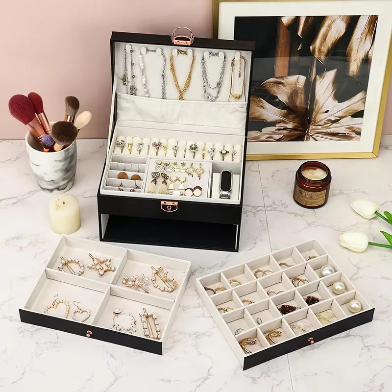 Large Pu Leather Jewelry Box Organizer with 3 Layer Drawer Velvet Tray for Rings Necklace Bracelet Watches Earring Holder
Large Pu Leather Jewelry Box Organizer with 3 Layer Drawer Velvet Tray for Rings Necklace Bracelet Watches Earring Holder