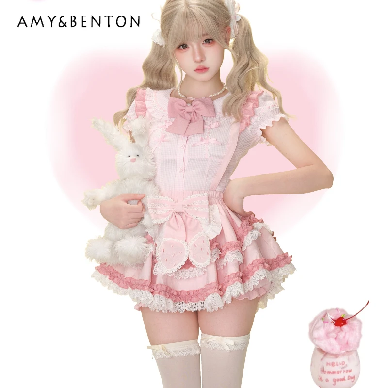 Korean Summer Pink Plaid Bowknot Flying Sleeve Women's Shirt Original Design Lace Hollow Out Splicing Strap Dress Sets Ladies
Korean Summer Pink Plaid Bowknot Flying Sleeve Women's Shirt Original Design Lace Hollow Out Splicing Strap Dress Sets Ladies