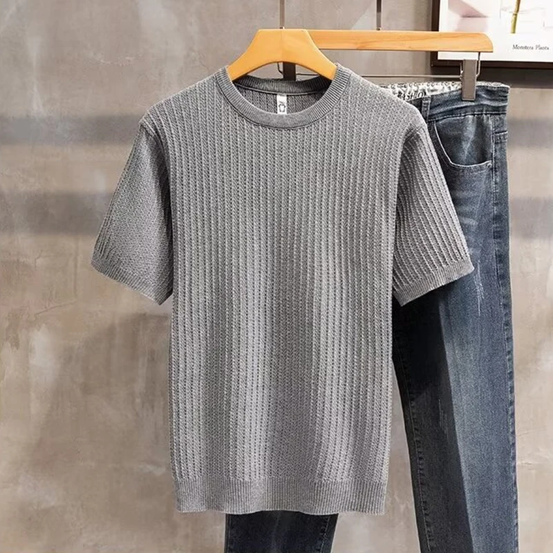 Summer Breathable Mens Knitted T-shirts Short Sleeve O Neck Solid Color Knitwear Fashion Slim Fit Tops For Men Clothes Knit Tees
Summer Breathable Mens Knitted T-shirts Short Sleeve O Neck Solid Color Knitwear Fashion Slim Fit Tops For Men Clothes Knit Tees