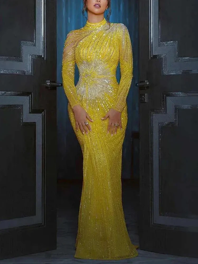 Luxury Yellow Mermaid Evening Dresses For Women High Neck Long Sleeves Beaded Sparkly Prom Gowns 2025 Wedding Party vestido
Luxury Yellow Mermaid Evening Dresses For Women High Neck Long Sleeves Beaded Sparkly Prom Gowns 2025 Wedding Party vestido