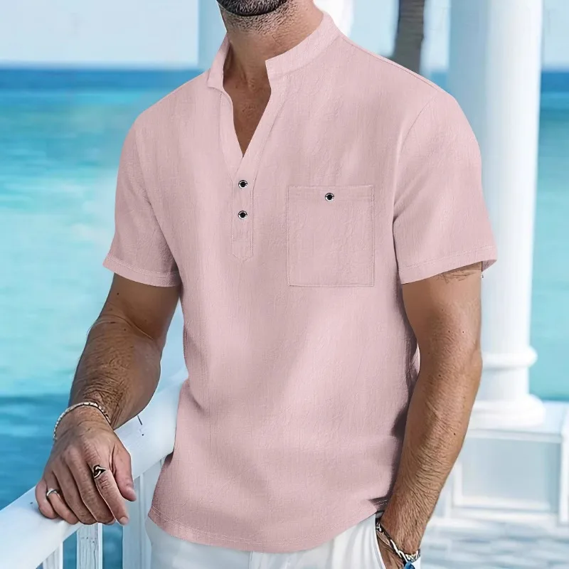 Men Pink Henley Shirt Short Sleeve Casual Linen Blend Button Placket Pocket Beach Top
Men Pink Henley Shirt Short Sleeve Casual Linen Blend Button Placket Pocket Beach Top