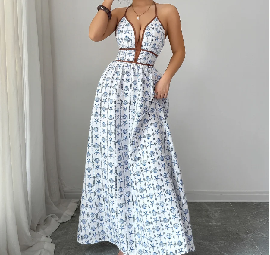 Women's Dress Summer New Sexy Beach Vacation Style Deep V-Neck Color Blocked Shell Print High Waist Backless Hanging Neck Dress
Women's Dress Summer New Sexy Beach Vacation Style Deep V-Neck Color Blocked Shell Print High Waist Backless Hanging Neck Dress