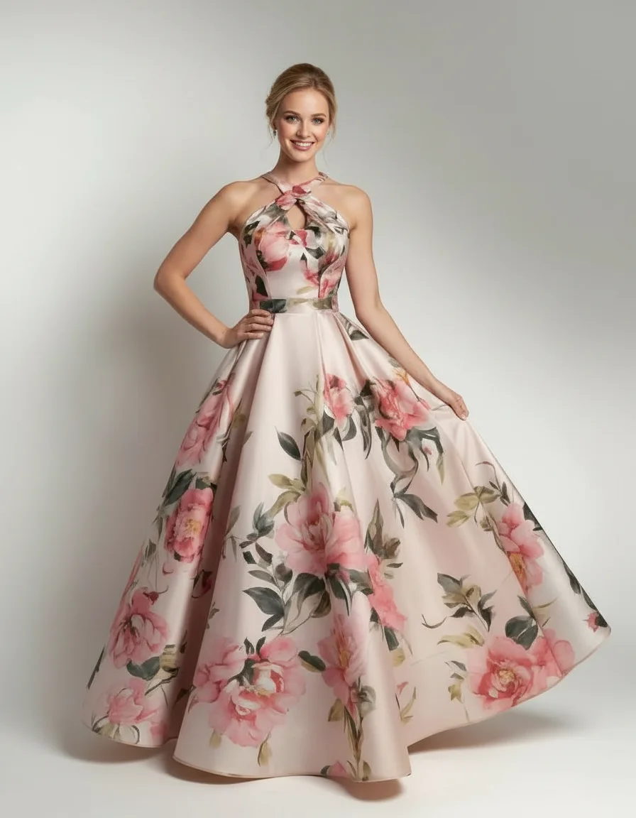 Halter Neck Floral Print Ball Gown Dress With Keyhole Cutout A Line Formal Prom Wedding Guest Dresses For Women New Arrival
Halter Neck Floral Print Ball Gown Dress With Keyhole Cutout A Line Formal Prom Wedding Guest Dresses For Women New Arrival