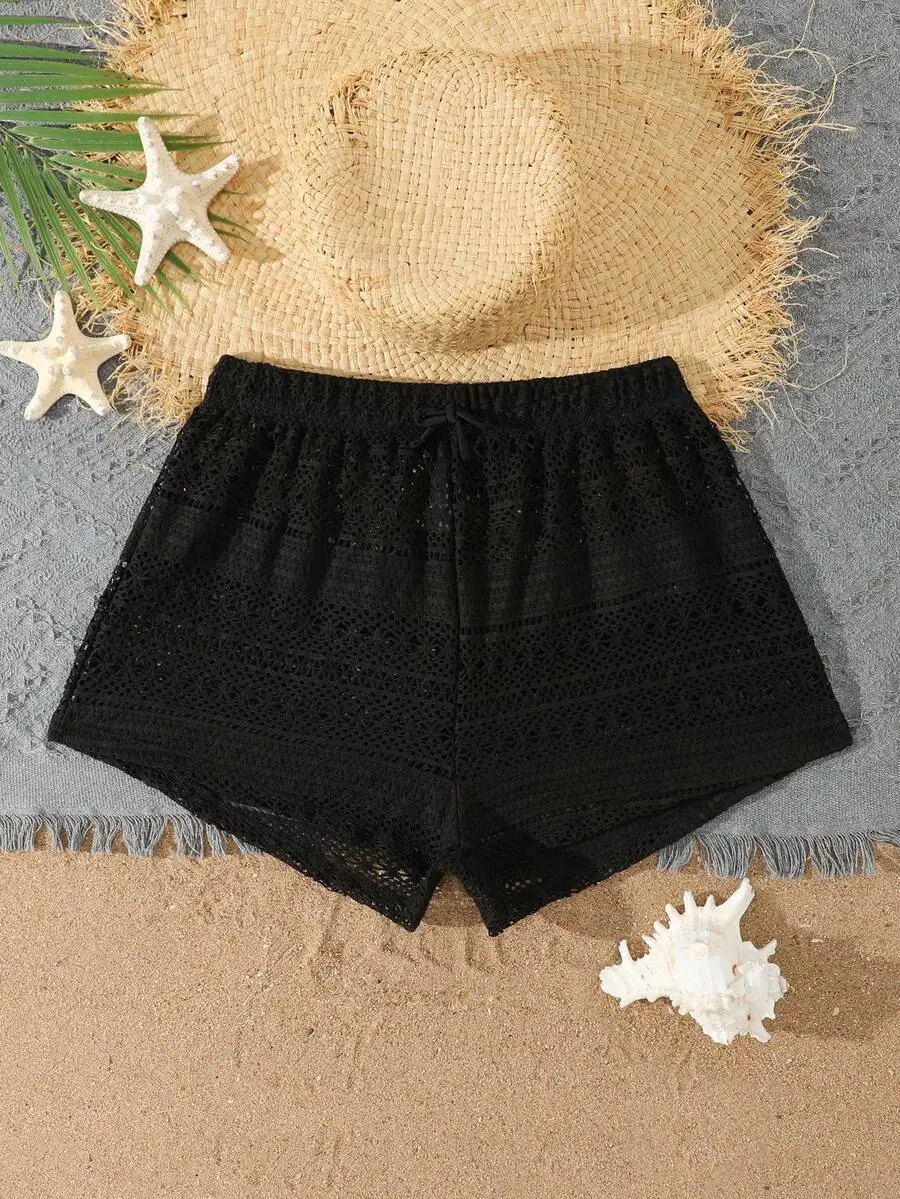 Black Crochet Lace Beach Shorts For Women And Teens, Elastic Drawstring Waist, Breathable Summer Cover-Up With Frayed Hem
Black Crochet Lace Beach Shorts For Women And Teens, Elastic Drawstring Waist, Breathable Summer Cover-Up With Frayed Hem