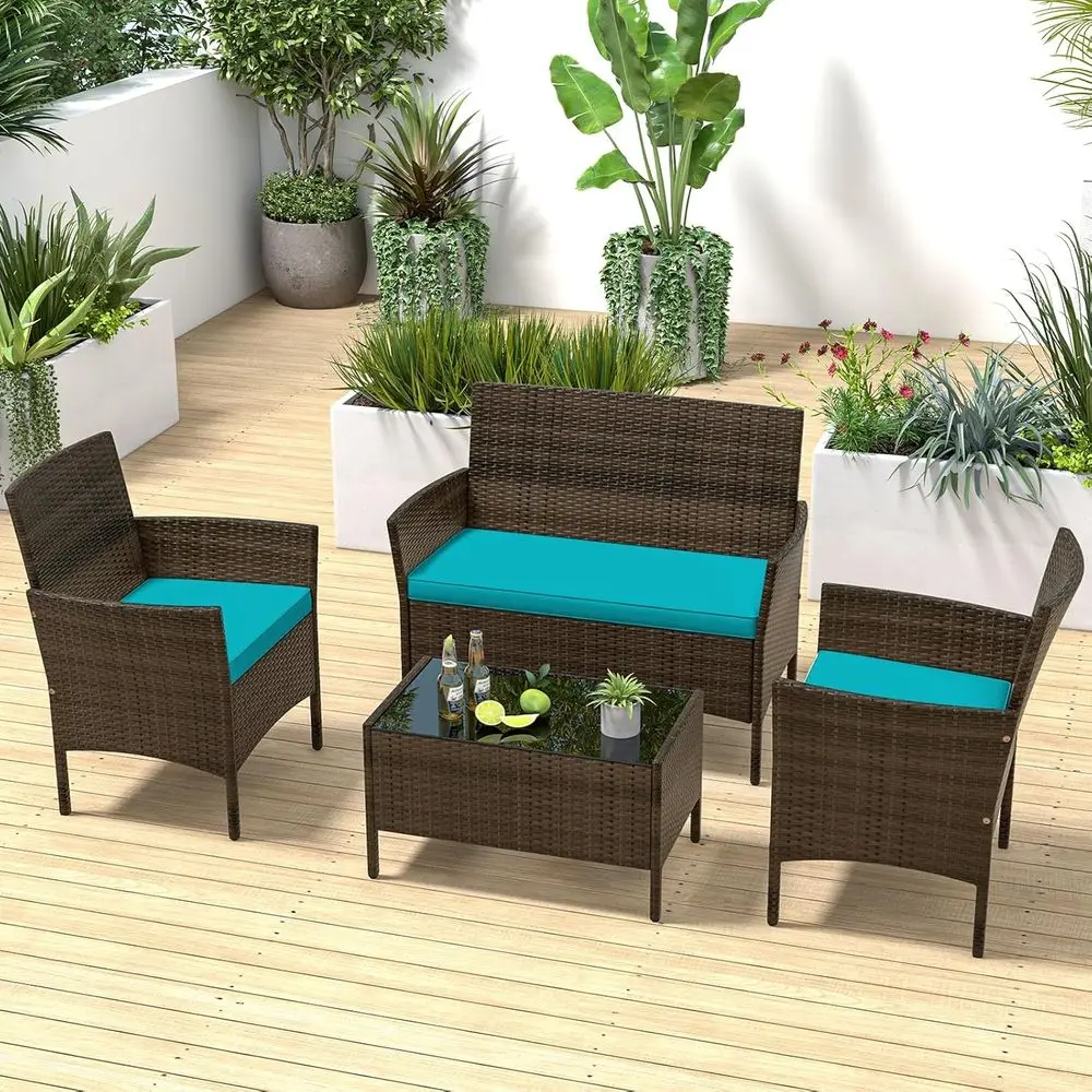 Turquoise 4-Piece Outdoor Patio Furniture Set with Rattan Chairs, Loveseat, Ottoman, and Glass Table for Balcony, Garden, Backya
Turquoise 4-Piece Outdoor Patio Furniture Set with Rattan Chairs, Loveseat, Ottoman, and Glass Table for Balcony, Garden, Backya