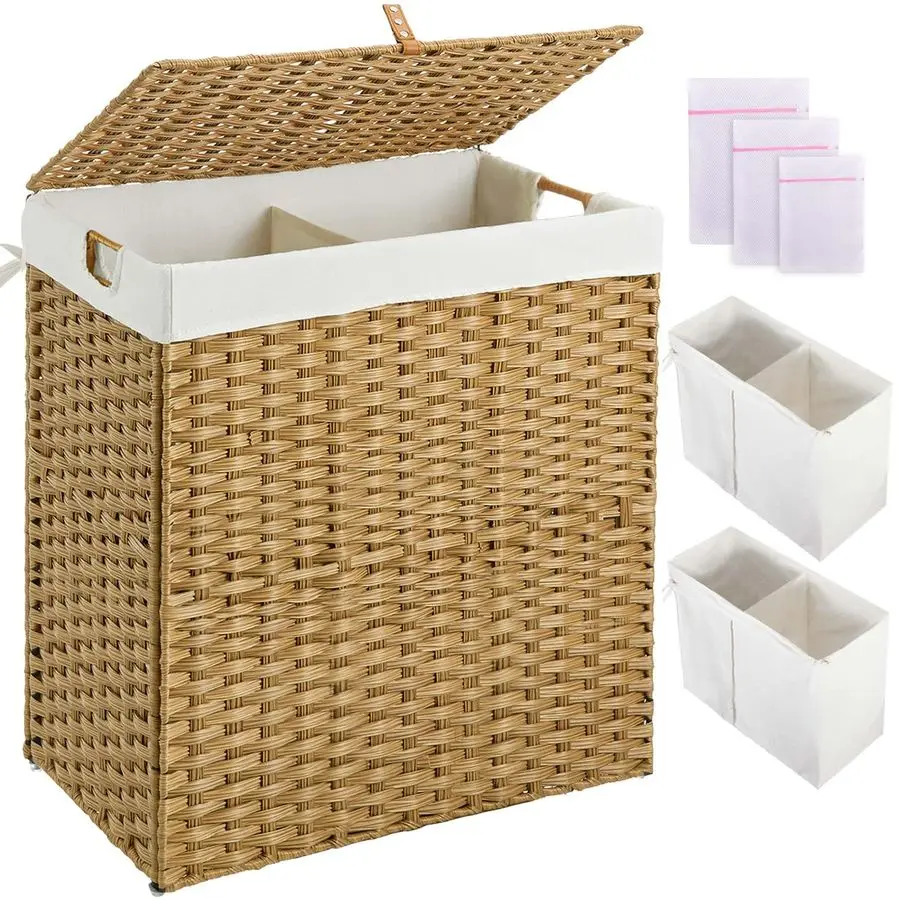 Laundry Hamper with lid, No Install Needed, 110L Wicker Laundry Baskets Foldable 2 Removable Liner Bags, 2 Section Clothes Hampe
Laundry Hamper with lid, No Install Needed, 110L Wicker Laundry Baskets Foldable 2 Removable Liner Bags, 2 Section Clothes Hampe