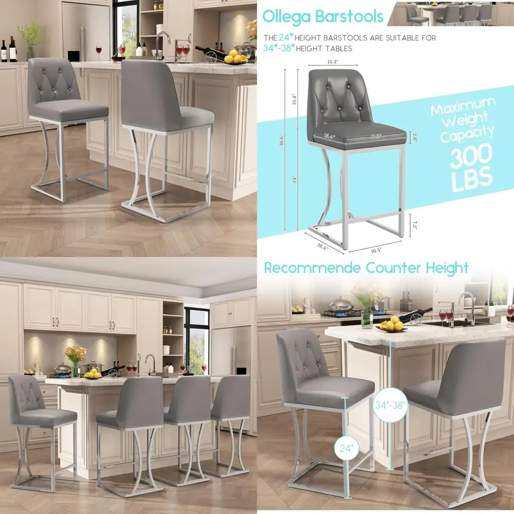 Set of 4 Grey Upholstered Bar Stools with Silver Metal Base and Footrest for Kitchen Island or Counter Height Dining
Set of 4 Grey Upholstered Bar Stools with Silver Metal Base and Footrest for Kitchen Island or Counter Height Dining