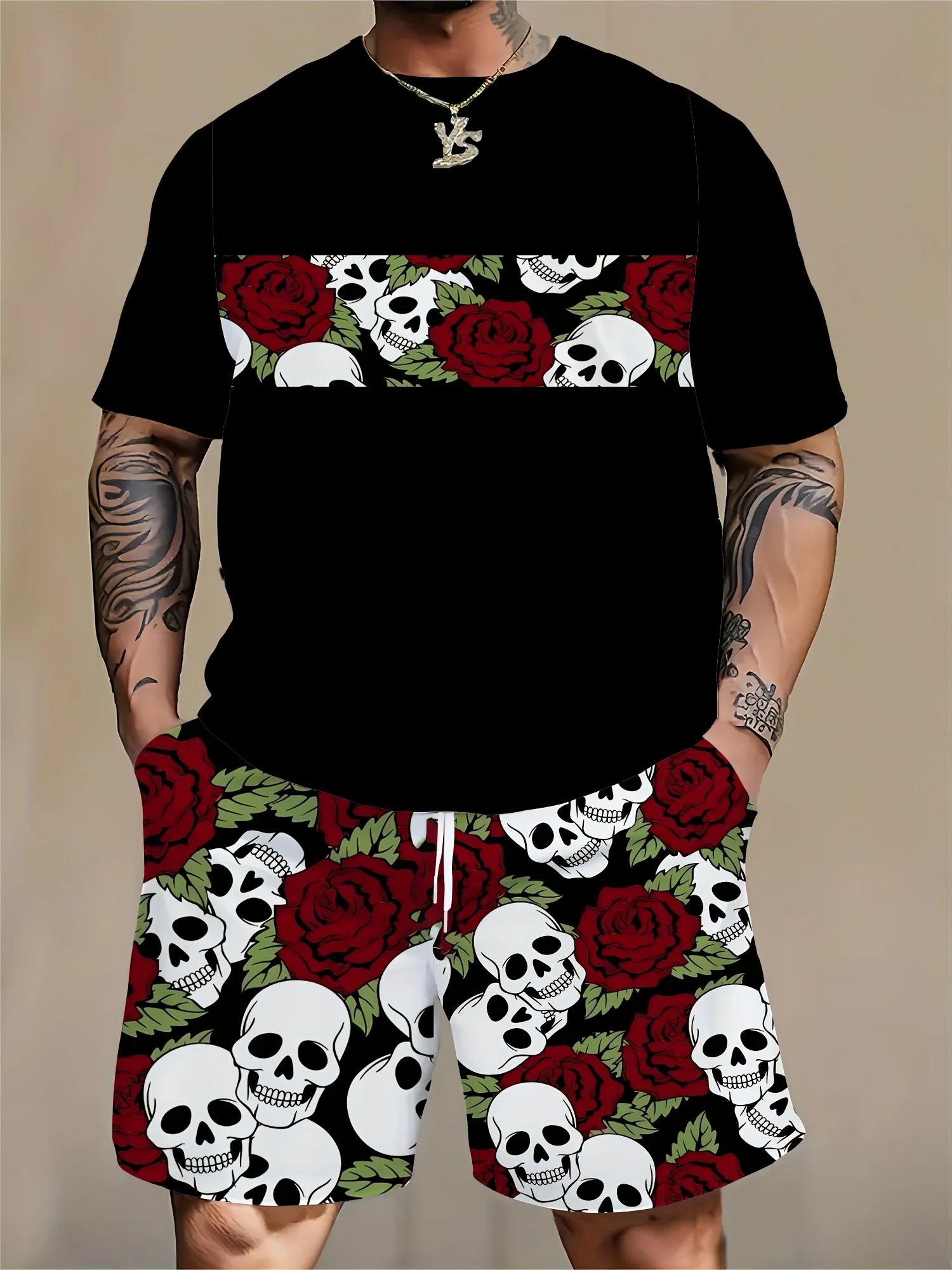 Summer casual Men's Skull flower sea pattern color T-shirt and drawstring waist pants in a simple style 2025 new sports hit
Summer casual Men's Skull flower sea pattern color T-shirt and drawstring waist pants in a simple style 2025 new sports hit