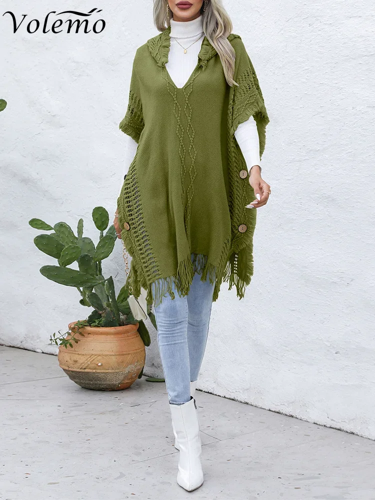 Women Cloak Knitted Hollow Out Button Casual Loose V-neck Hooded Pullover Elegant Women Clothing Mid Length Lady Fashion Sweater
Women Cloak Knitted Hollow Out Button Casual Loose V-neck Hooded Pullover Elegant Women Clothing Mid Length Lady Fashion Sweater